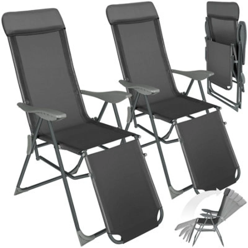 Image of Tectake Garden Chairs Jana - Set Of 2, Foldable, 5-Position Backrest, Head Cushion, Movable Footrest - Anthracite - 2