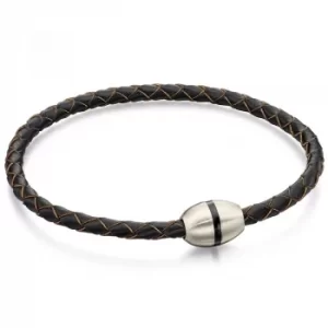 Image of Fred Bennett Stainless Steel Skinny Brown Leather Plaited Bracelet...