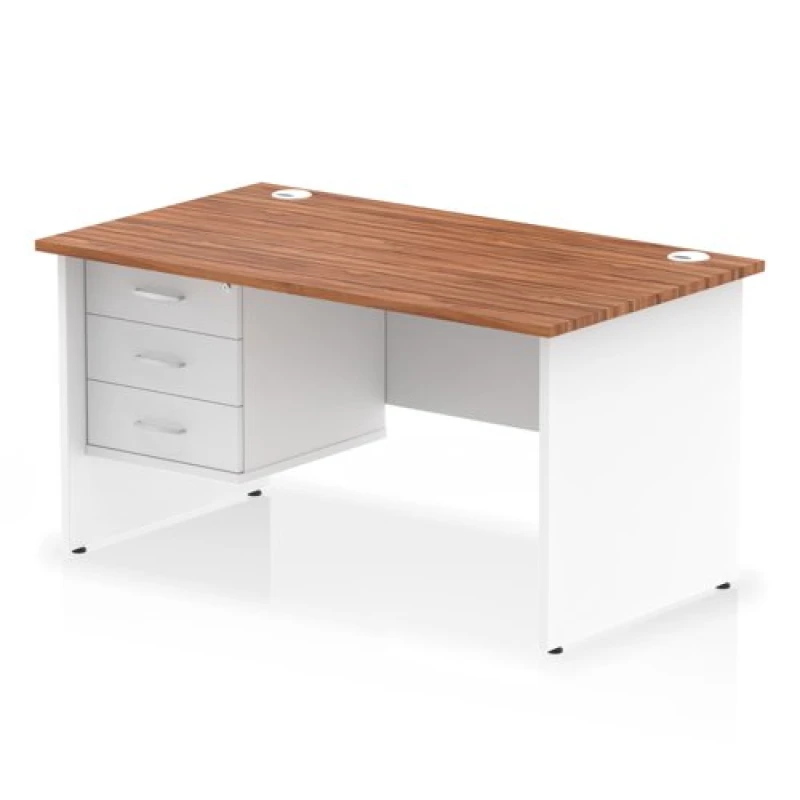 Image of Impulse Impulse 1400 x 800mm Straight Office Desk Walnut Top White Panel End Leg with 1 x 3 Drawer Fixed Pedestal MIRDP14FP3WNTWHT