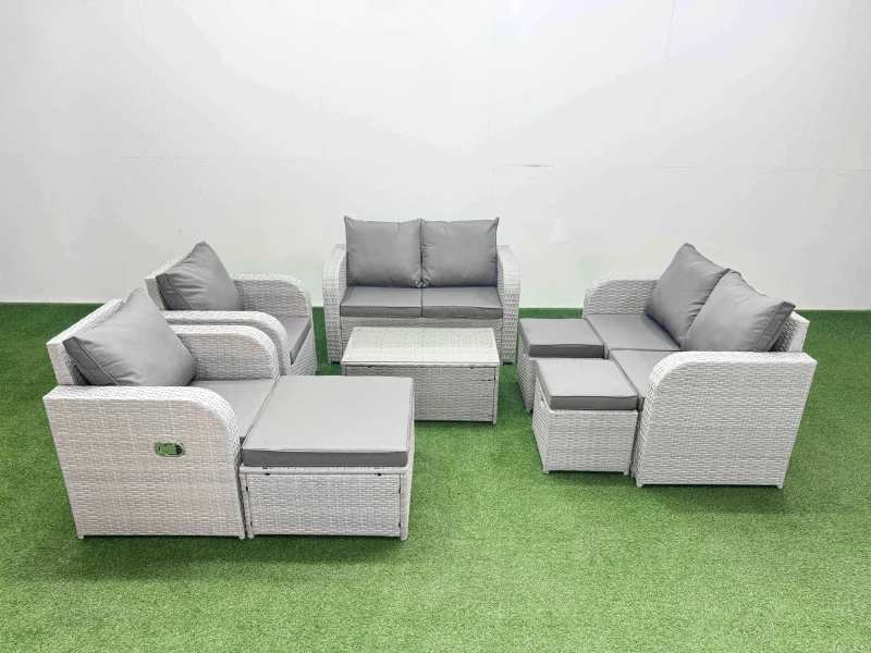 Image of Fimous 9 Seater Outdoor Reclining Chair Love Sofa Set Rattan Garden Furniture Set with Rectangular Coffee Table 3 Stools Light Grey Light Grey