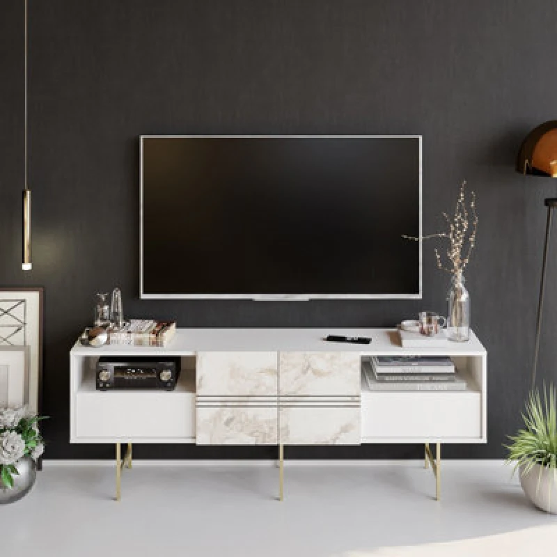 Image of DECOROTIKA Derin 180 Cm tv Unit for TVs Up To 71' - White Marble And Gold - Decorotika DRN71SB01