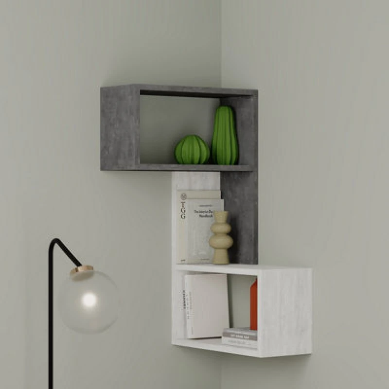 Image of DECORTIE Part Modern Corner Shelf 82cm Narrow - Retro Grey / Ancient White - Retro Grey - Decortie M.KT.01.13198.10
