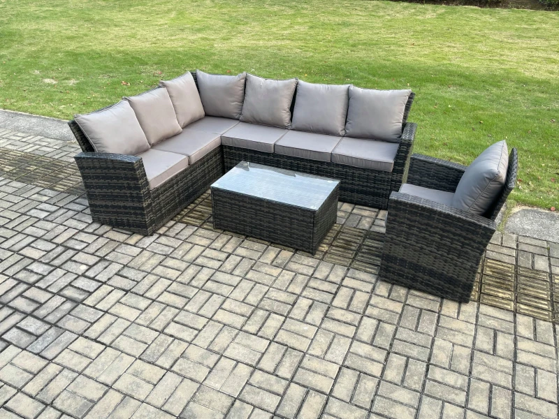 Image of Fimous 7 Seater Rattan Garden Furniture Corner Sofa Set Outdoor Patio Sofa Chair Table Set with Rectangular Coffee Table in Dark Grey Dark Grey Unisex
