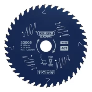 Image of Draper Expert TCT Circular Saw Blade for Wood with PTFE Coating, 185 x 25.4mm, 40T