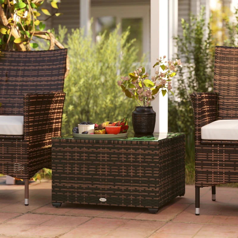 Image of Outsunny Outdoor Coffee Table with Glass Top, Rattan Side Table, Brown Brown