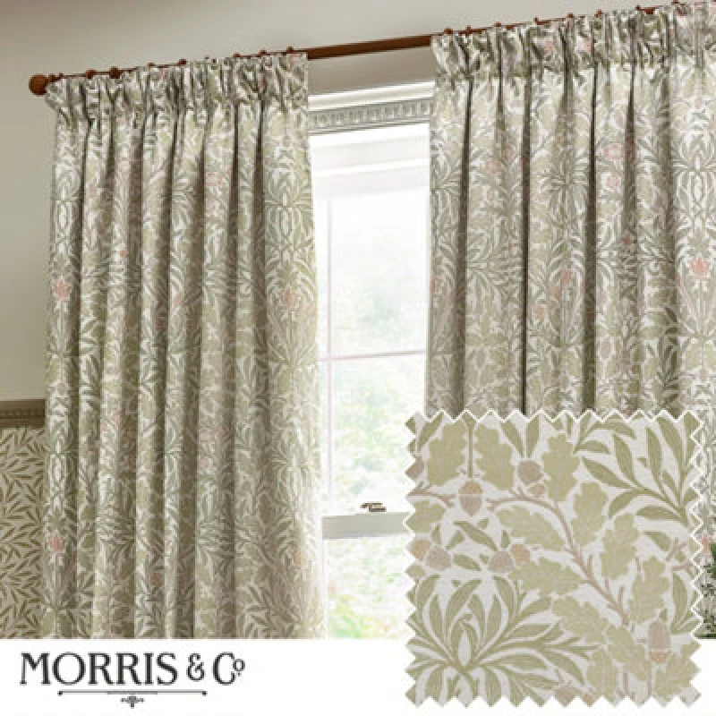 Image of Morris & Co Morris & Co Acorn Multi Floral Jacquard Room Darkening Pencil Pleat Curtains in Stone Size: 168cm width x 183cm drop Stone 168cm width x