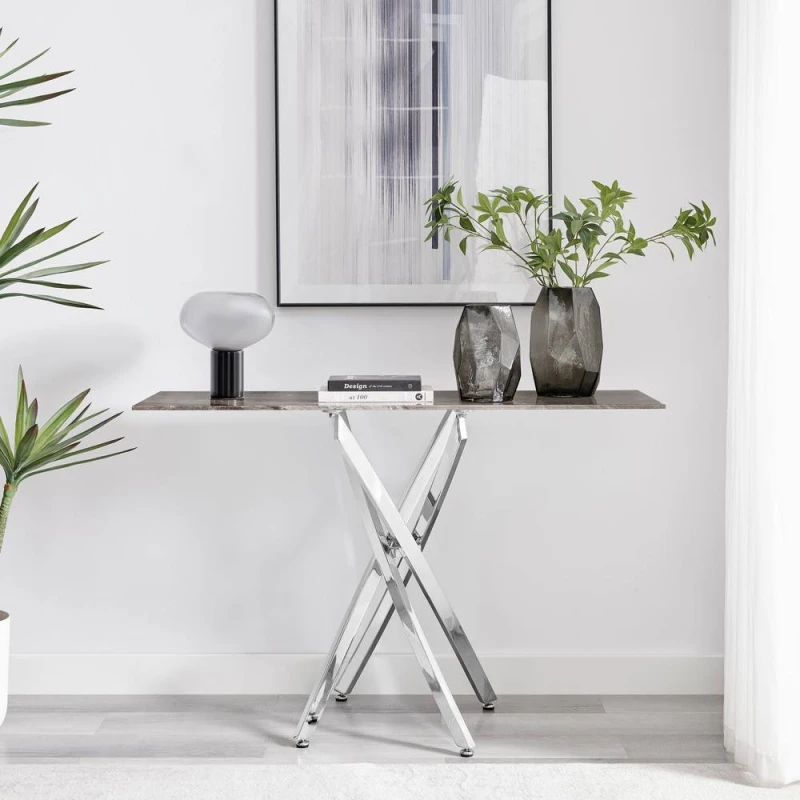 Image of FurnitureboxUK Leonardo Rectangular Marble Effect Glass Top Console Table With Silver Metal Starburst Legs in Grey Grey Unisex