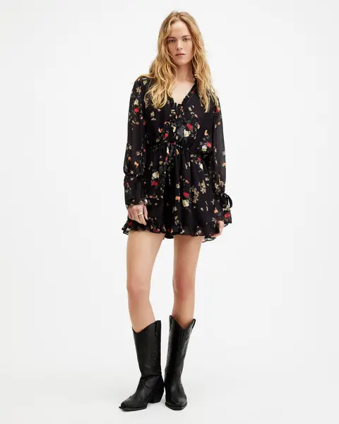 Image of AllSaints Daria Floral Print Relaxed Fit Playsuit