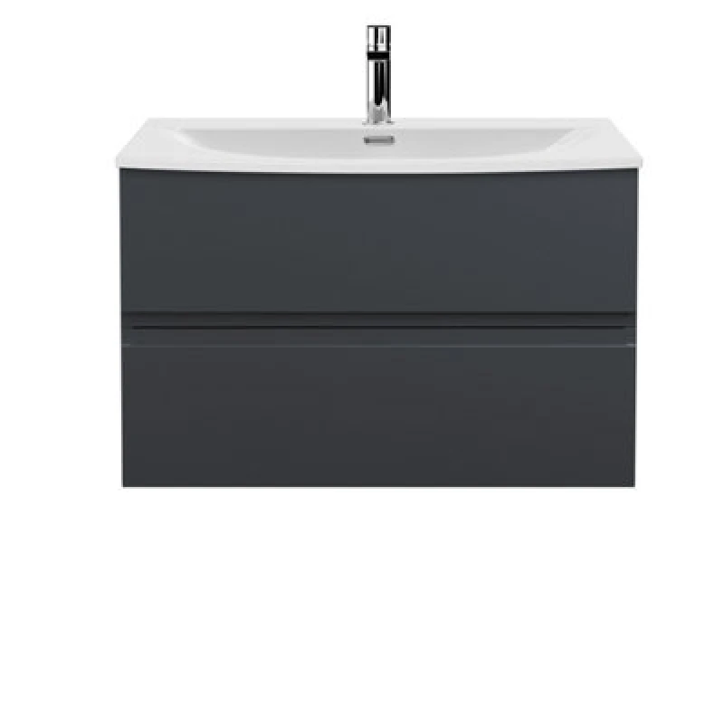 Image of Nuie Hudson Reed Urban Wall Hung 2 Drawer Vanity Unit With Curved Ceramic Basin, Modern Bathroom Furniture In Soft Black, 800mm