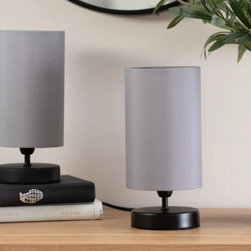 Image of ValueLights Francis Matte Black Touch Table Lamp with Fabric Shade Light Grey