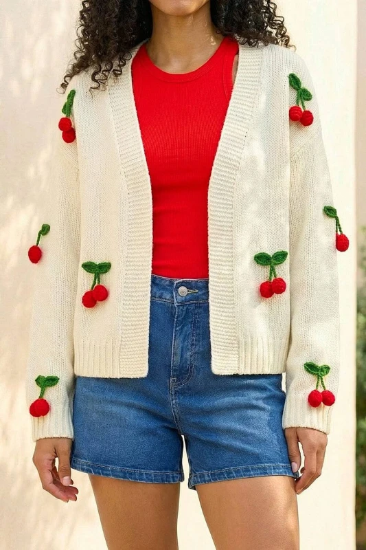 Image of Roman Womens Crochet Cherry Knit Cardigan in Ivory Size: 10 Ivory Female 10