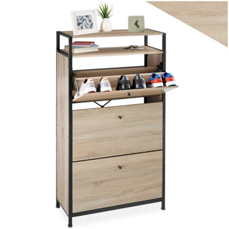 Image of Tectake Slim Rack - 2 Storage Shelves, 3 Tilt Drawers With 2 Racks Per, Industrial Style - 61cm - Industrial Wood Light, Oak Sonoma
