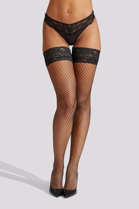 Image of Ann Summers Lace Top Fishnet Hold Ups Black