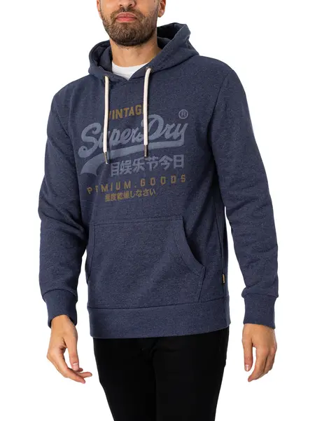 Image of Superdry Classic Vintage Logo Heritage Pullover Hoodie Indigo Marl M