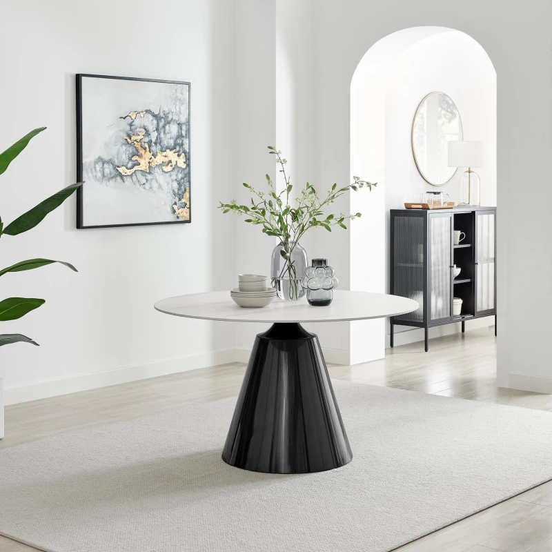 Image of FurnitureboxUK FurnitureboxUK Nina White Marble Effect Round Ceramic Dining Table in Off White Off White One Size Unisex 5056784308035