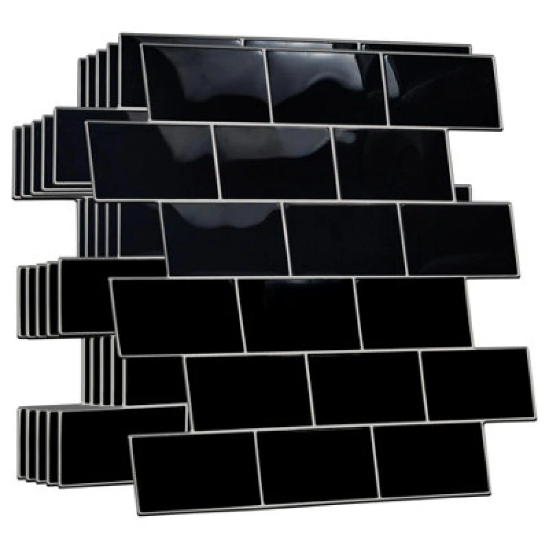 Image of Walplus Black Metro Subway Glossy 3D Tile Sticker 30.5 X 15.4Cm (12 X 6 In) - 20Pcs In A Pack One Colour WSHYZ Unisex