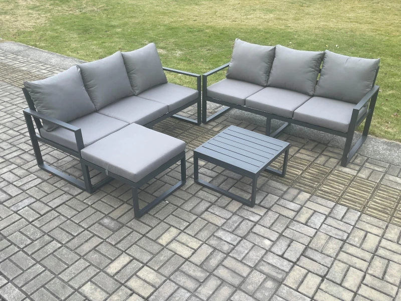 Image of Fimous Aluminium 4 Pieces Garden Furniture Sofa Set with Cushions 7 Seater Outdoor Patio Set with Square Coffee Table Big Footstool Dark Grey Dark Gre