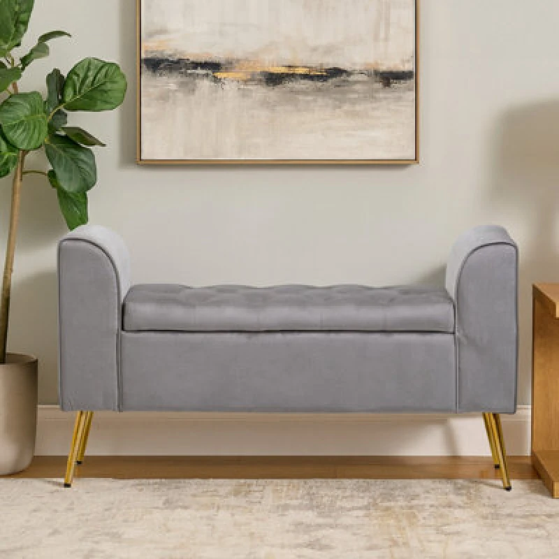 Image of Orsina Grey Velvet Bench With Gold Finish Legs, Comfy Padded Seat Velvet Seat, Built To Last Bedroom Bench