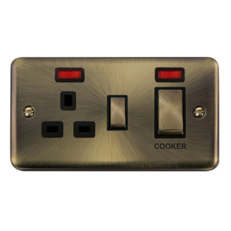 Image of SE Home Curved Antique Brass Cooker Control Ingot 45A With 13A Switched Plug Socket & 2 Neons Gold