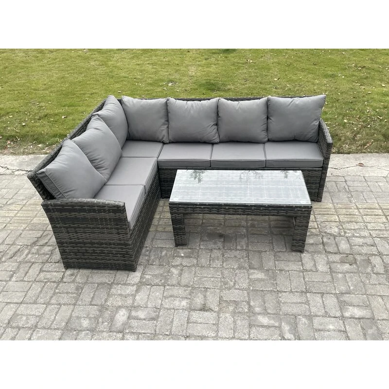 Image of Fimous 6 Seater Outdoor Rattan Garden Furniture Set Corner Sofa Oblong Coffee Table Sets Dark Grey Mixed Dark Grey