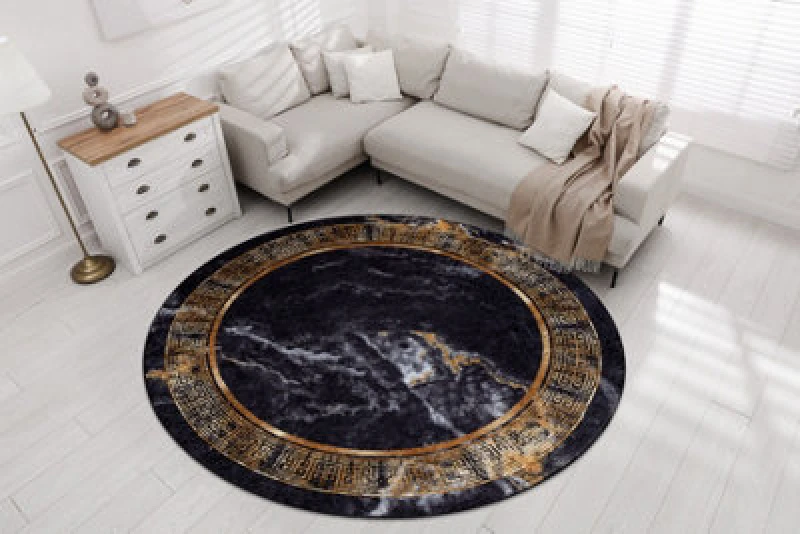 Image of RugsX Miro 51199.806 Circle Washing Carpet Marble, Greek Anti Slip - Black / Circle 120 Cm