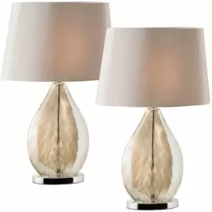 Image of 2 pack Table Lamp & Shade Gold Tinted Glass & Mink Fabric Pretty Bedside Light