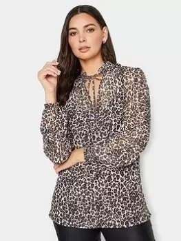 Image of Long Tall Sally High Neck Collar Tie Neck Animal Top, Brown, Size 16, Women