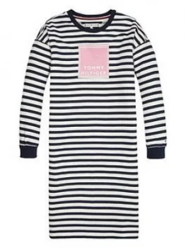 Image of Tommy Hilfiger Girls Nautical Stripe Sweat Dress - Blue, Size 7 Years, Women
