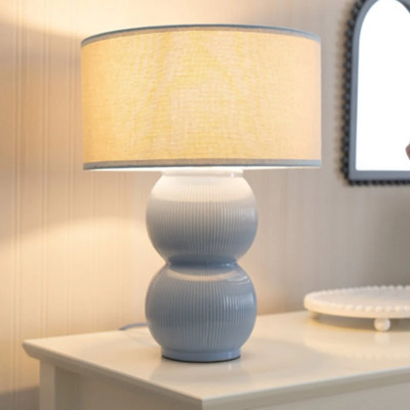 Image of ValueLights ValueLights Gemma Linen with Trim Drum Lamp Shade Stacked Ribbed Glazed Table Lamp in Light Blue Light Blue One Size Unisex 5059406066078