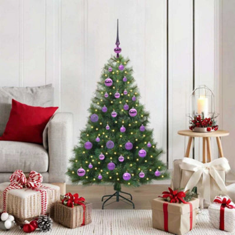 Image of vidaXL Artificial Christmas Tree with 150 LEDs, Lilac Balls Green 120 x 74cm PE and PVC, Green 3397763