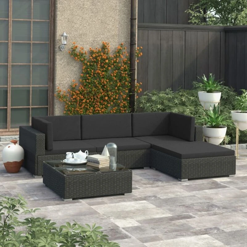 Image of vidaXL 5x Garden Lounge Set with Cushions Poly Rattan Black Outdoor Sofa Sets