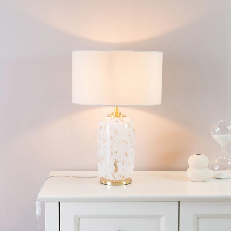 Image of ValueLights India Fabric Drum Shade on Rounded White Confetti Glass Table Lamp Nude