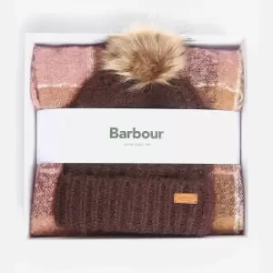 Image of Barbour Womens Saltburn Beanie And Tartan Scarf Set - Chocolate