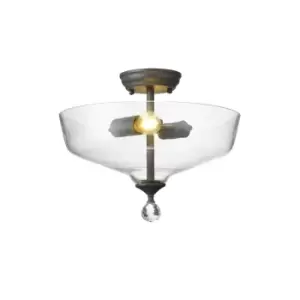 Image of Dresden 2 Light Semi Flush Ceiling Lamp E27 With Flat Round 38cm Glass Shade Graphite, Clear