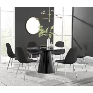 Image of Furniturebox Palma Black Semi Gloss 120cm Round Minimalist Dining Table & 6 Black Corona Faux Leather Dining Chairs with Silver Legs Diamond Stitch