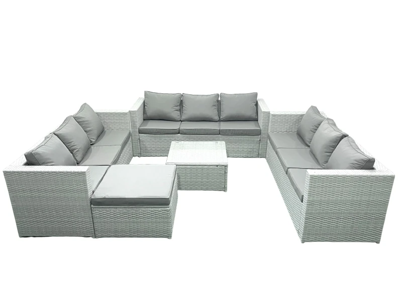 Image of Fimous Rattan Garden Outdoor Furniture Set 10 Seater Rattan Garden Sofa Set with Big Footstool Light Grey Mixed Light Grey