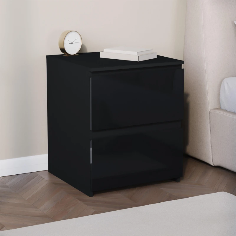 Image of Lassic Glinton High Gloss 2 Drawer Bedside Table Chest Black unisex 2 Drawer