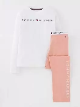 Image of Tommy Hilfiger Girls Jersey Long Sleeve T-Shirt & Pant PJ Set - White/Rose Tan, White/Rose Tan, Size 14-16 Years, Women