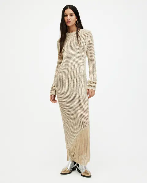 Image of AllSaints Jesse Metallic Crochet Midi Dress