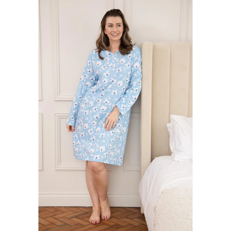 Image of Camille Womens 100% Organic Cotton Long Sleeve Nightdress Lt Blue Floral female 10-12