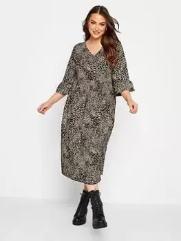 Image of Yours Frill Sleeve Markings Print Midaxi Dress. Khaki, Green, Size 18, Women