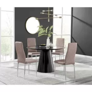 Image of Furniture Box Palma Black Semi Gloss Round Dining Table and 4 Cappuccino Milan Chrome Leg Chairs