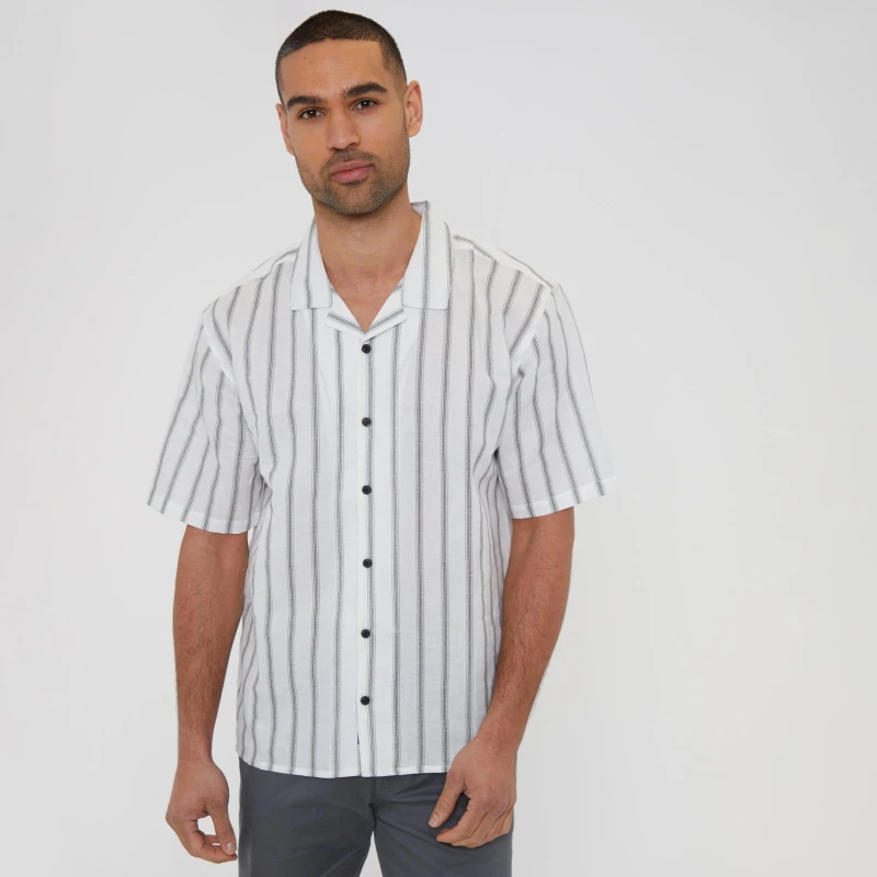 Image of Threadbare 'Sati' Linen Blend Short Sleeve Revere Collar Stripe Shirt Off White