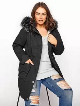 Image of Yours Faux Fur Trim Hooded Parka - Black, Size 26-28, Women