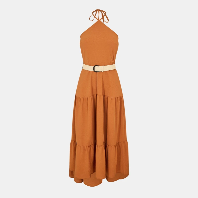 Image of AX Paris Halterneck Straw Belt Tiered Midi Dress Rust female 8 (XS)