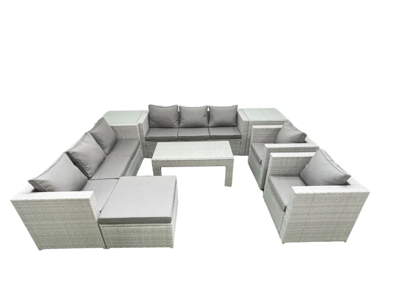 Image of Fimous Outdoor Garden Furniture Rattan Sofa Set with 2 Armchairs Oblong Coffee Table Big Footstool 2 Side Tables Light Grey Mixed Light Grey