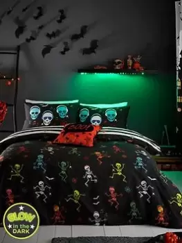 Image of Bedlam Dancing Skeltons Glow In The Dark Double Duvet Set, Multi, Size Double