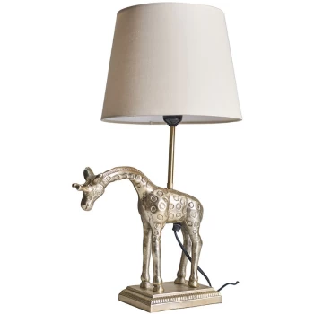 Image of Antique Brass Giraffe Table Lamp with Tapered Lampshade - Beige