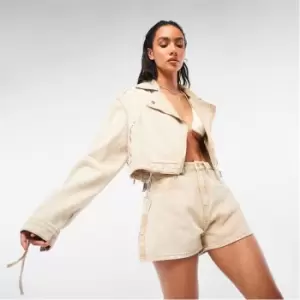 Image of Missguided Co Ord Lace Up Sleeve Cropped Denim Jacket - Neutral