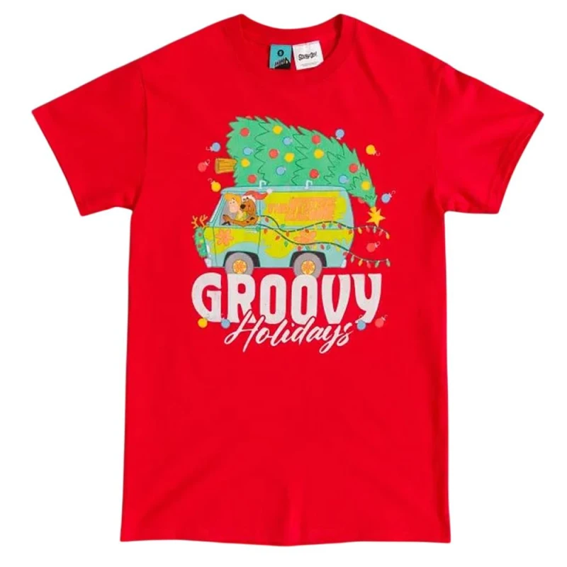 Image of Scooby Doo Mens Groovy Holidays T-Shirt in Red Size: Medium Red Male M